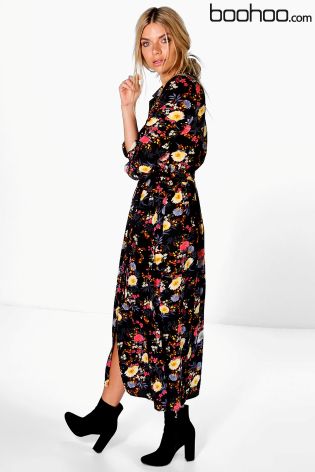 Boohoo Floral Printed Maxi Shirt Dress